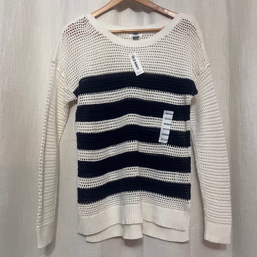 NWT Old Navy Womens Striped Mesh Knit Sweater‎ Top White & Navy Blue, Large